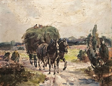 20th Century Impressionist Landscape With Horses Signed Oil Painting