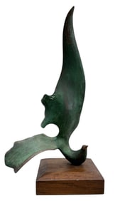 Vintage Modernist Bronze Bird Abstract Sculpture On Wood Base