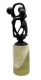 Modernist Embraced Figures Wood Sculpture On Marble Base 10"