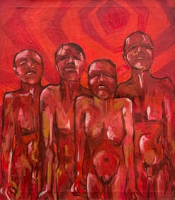 Australian Aboriginal Style Abstract With Nude Tribal Figures Oil Painting