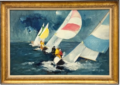 Large American Modernist Regatta Sailboat Race Oil On Canvas