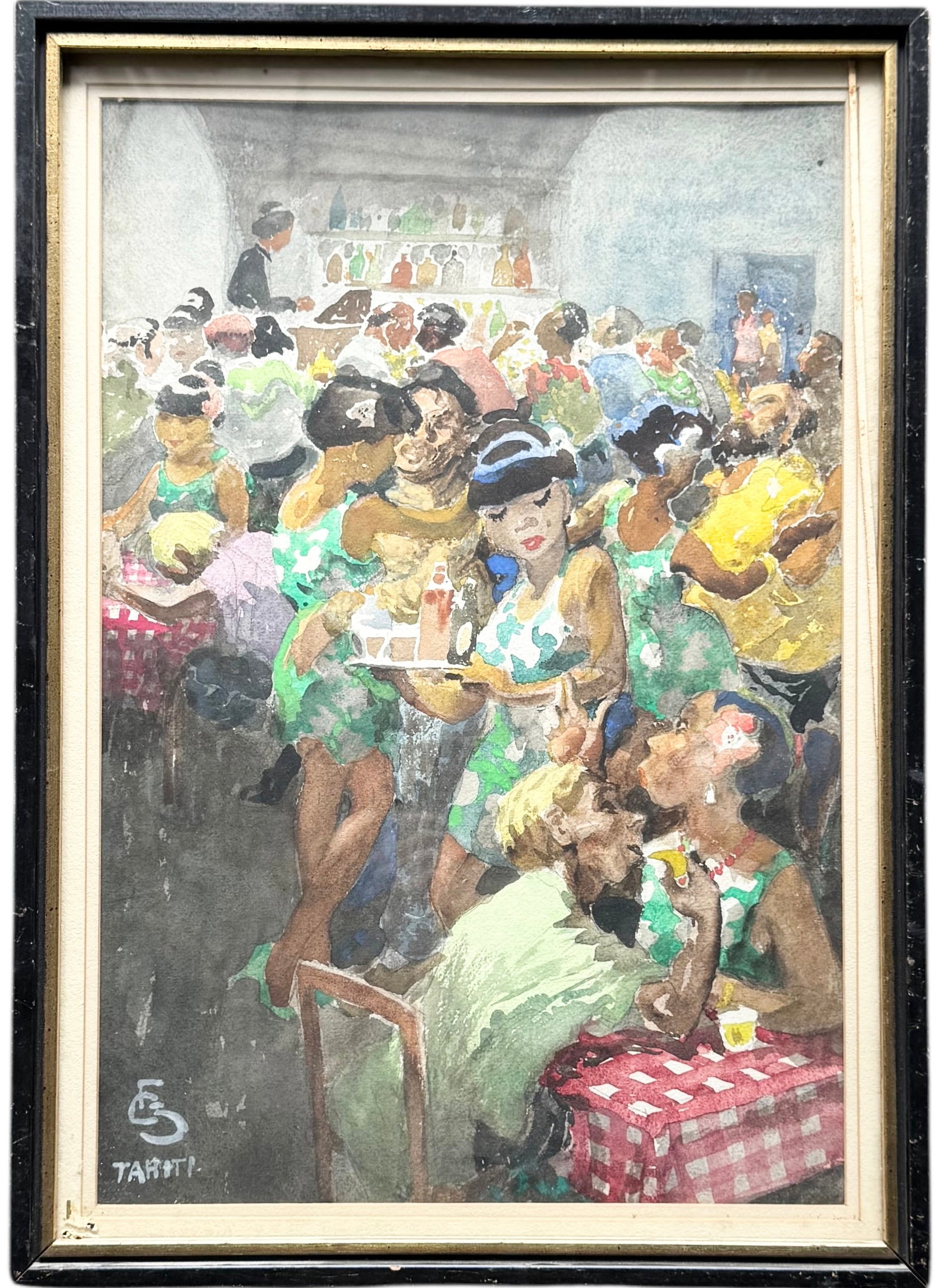 CARL FOLKE SAHLIN (1884-1972, Sweden) Tahitian Restaurant Scene, Miami Artist: Watercolor on paper 21 1/2 x 14 1/2 in, 25 x 17 1/2 in (framed). Domestic Flat Shipping Price: $70