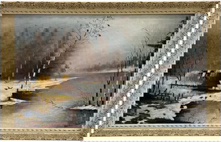 Large American Winter Landscape With Stream Signed Oil Painting