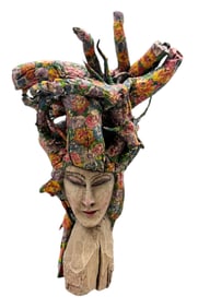 Modernist Wooden Sculpture Bust Of A Woman With Rainbow Colored Branches