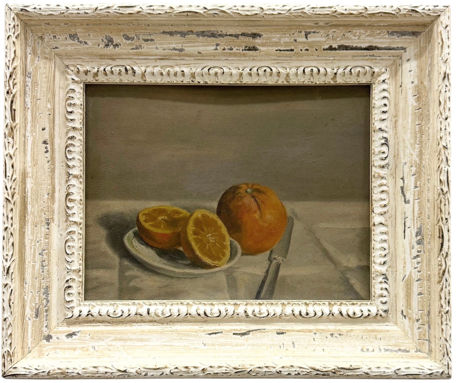 19th Century American School Still Life Oil Painting On Academy Board: Oil on academy board 12 1/2 x 9 1/2 in, 18 x 15 in (framed). Domestic Flat Shipping Price: $55