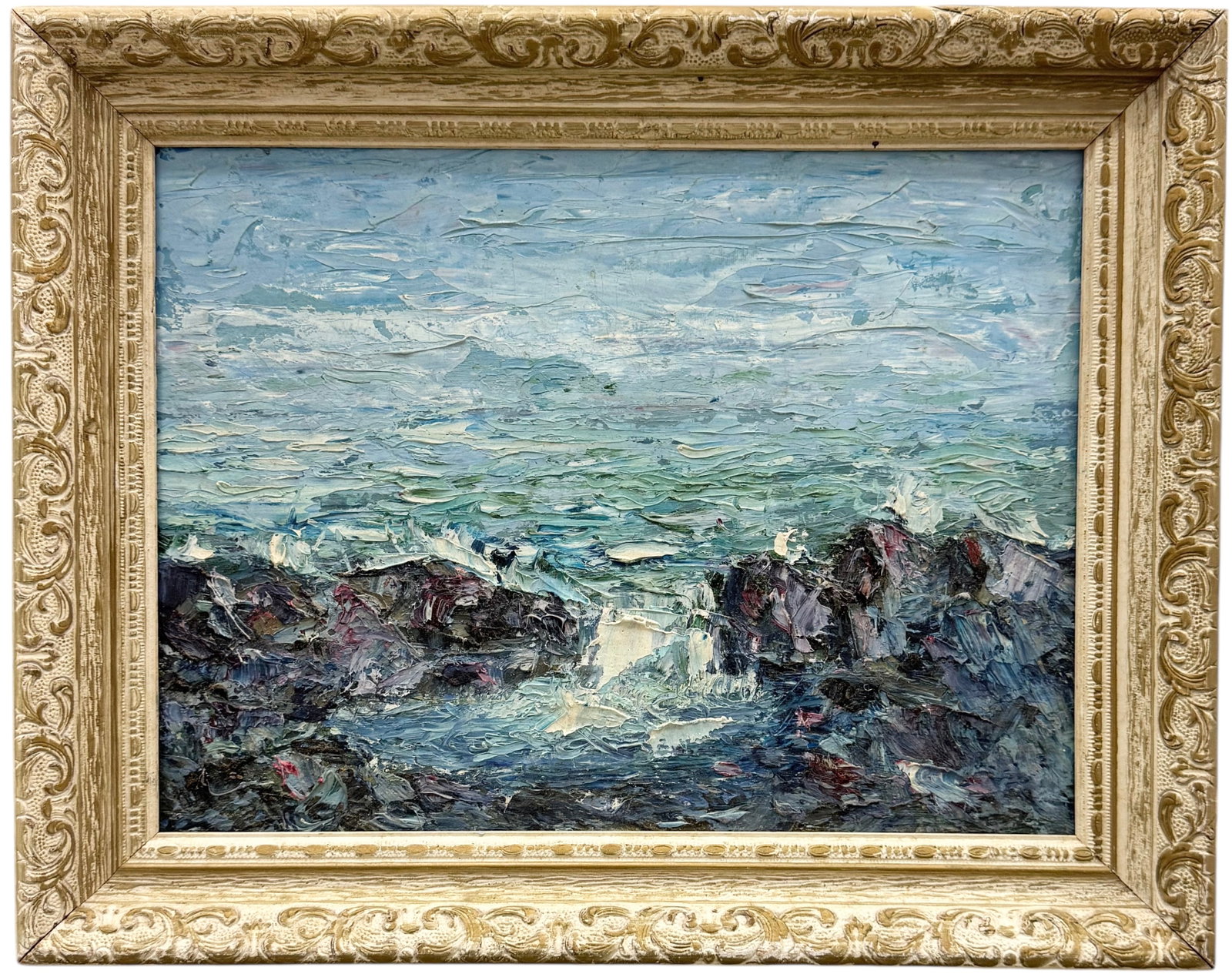American Impressionist Seascape Of Crashing Waves Oil Painting Heavy Impasto: Oil painting on board 12 x 16 in, 15 1/2 x 19 1/2 in (framed). Domestic Flat Shipping Price: $55