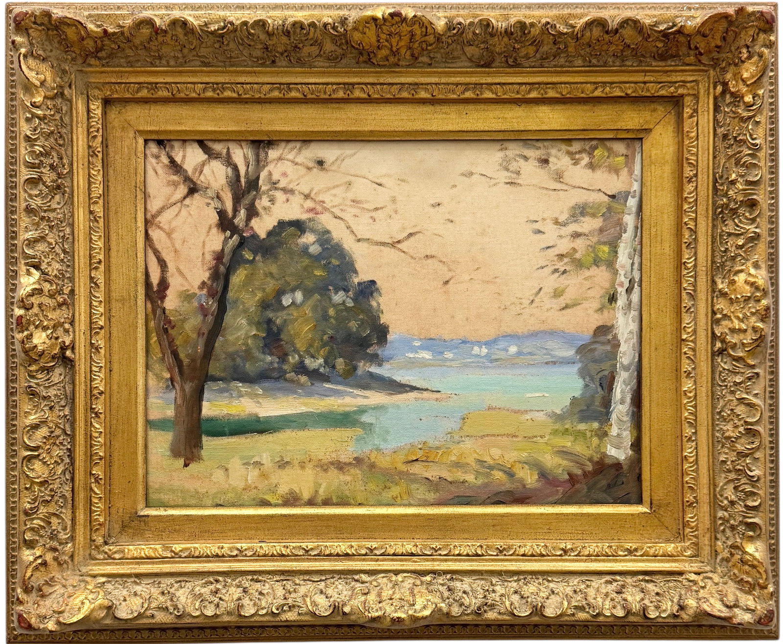 Early 20th Century American Impressionist California Coastal Landscape: Oil painting on board 16 x 12 in, 23 1/2 x 19 1/2 in (framed). Domestic Flat Shipping Price: $70