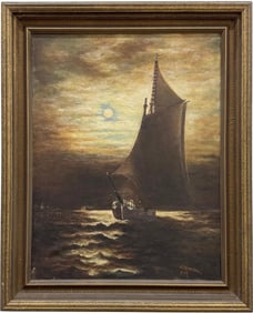 1930's Swedish School Moonlit Seascape With Boat Signed Oil Painting