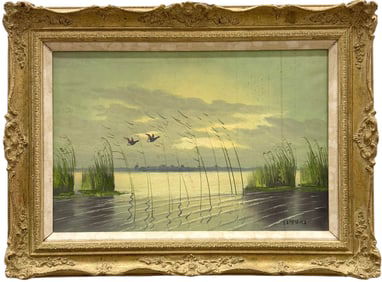 Early 20th Century American School Luminist Marsh Landscape With Ducks Signed Painting
