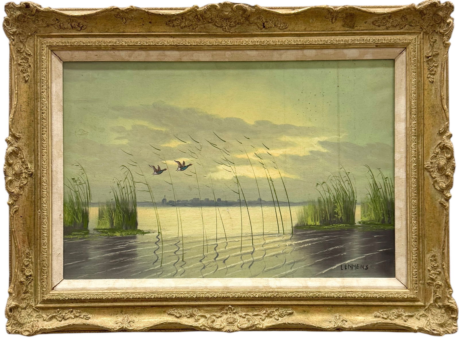 Early 20th Century American School Luminist Marsh Landscape With Ducks Signed Painting (1 of 4)