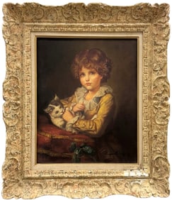 20th Century Portrait Of A Girl With A Cat Signed Oil Painting