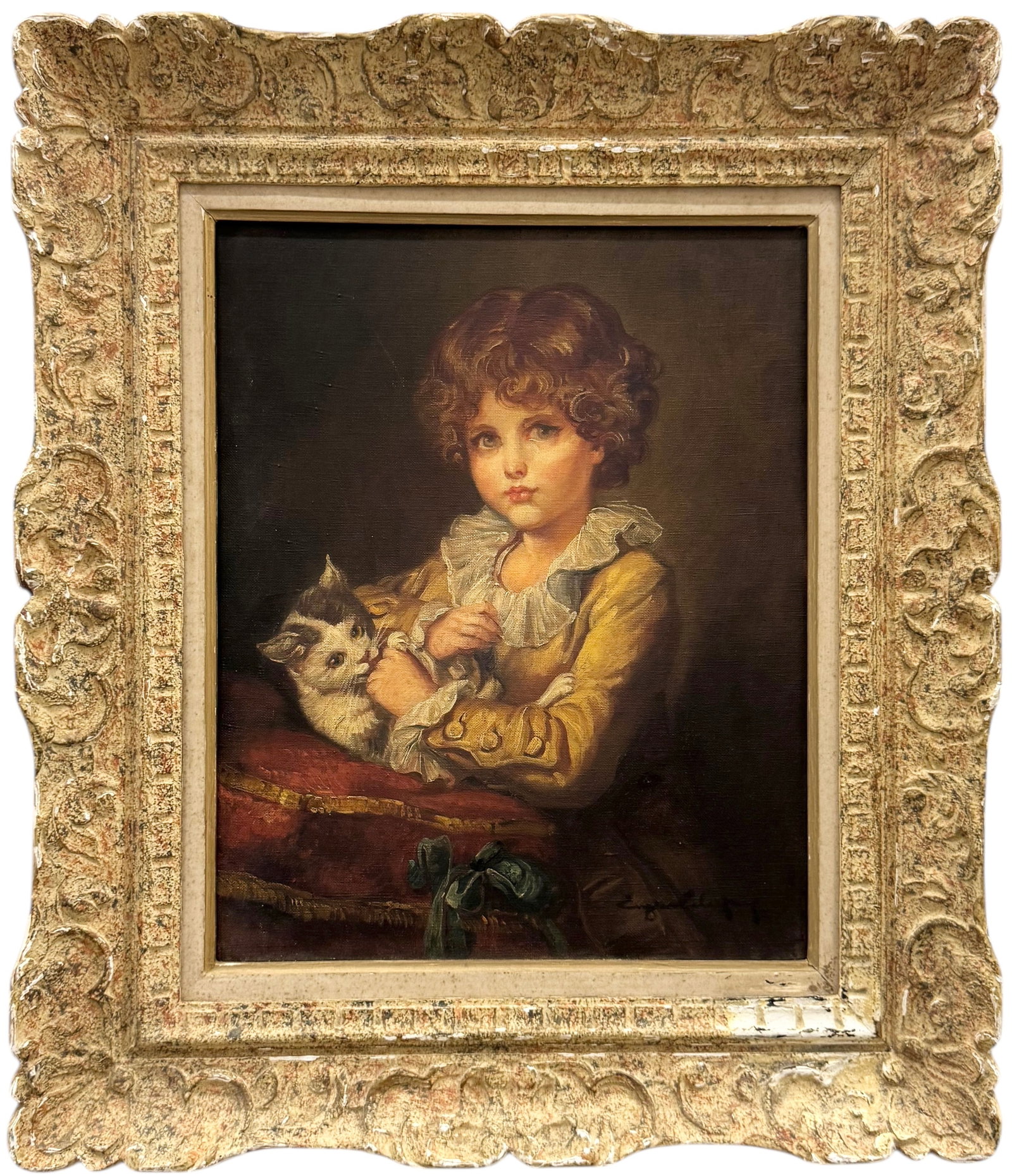 20th Century Portrait Of A Girl With A Cat Signed Oil Painting: Oil painting on canvas 16 x 13 in, 23 x 20 in. Domestic Flat Shipping Price: $55