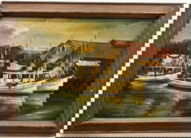 20th Century American Florida Harbor Scene With Boats Oil Painting Signed Coleman