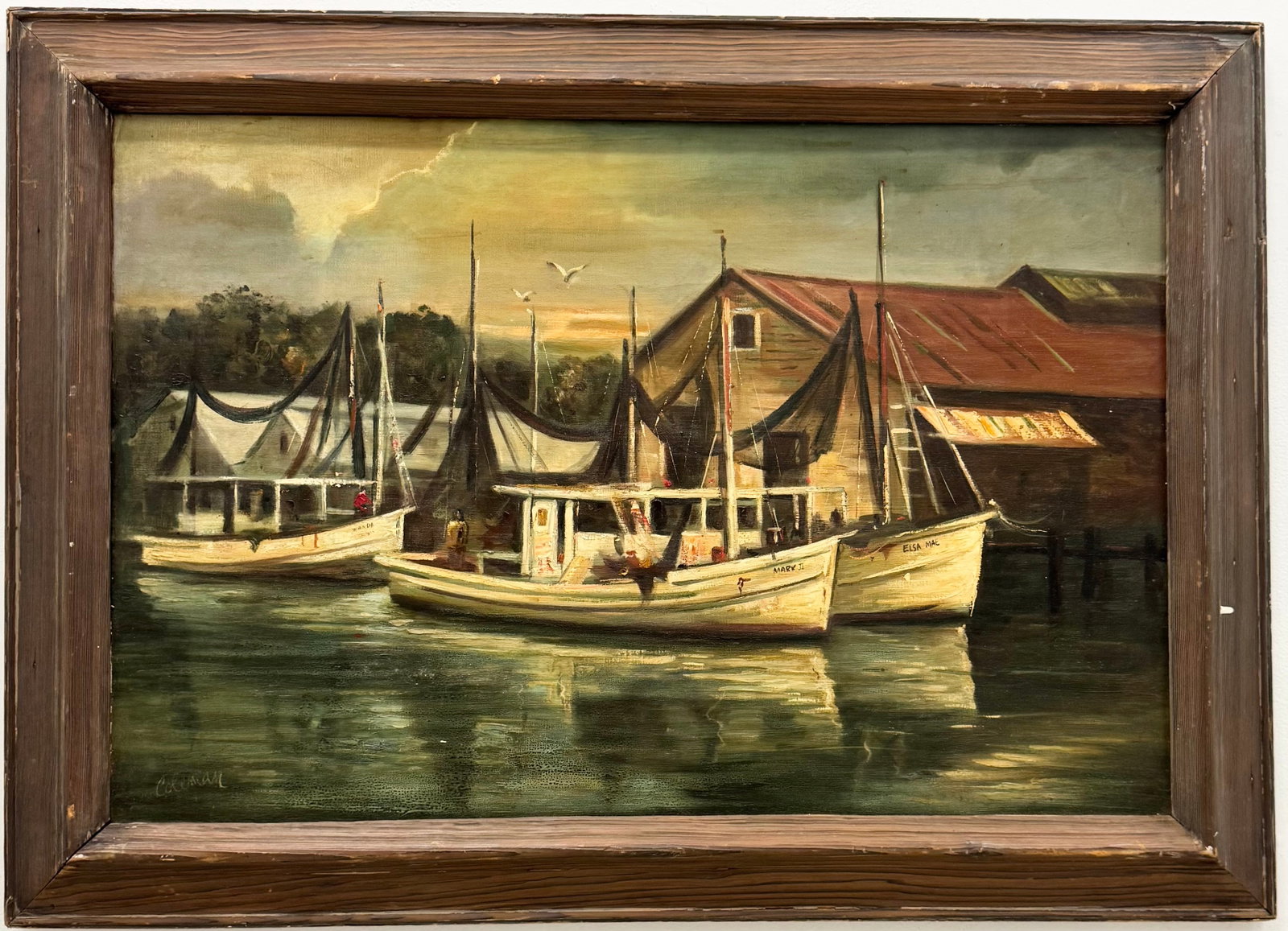 20th Century American Florida Harbor Scene With Boats Oil Painting Signed Coleman: Oil on canvas 36 x 24 in, 42 1/2 x 30 1/2 in (framed). Domestic Flat Shipping Price: $120