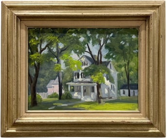 20th Century American Impressionist Landscape With House Oil Painting