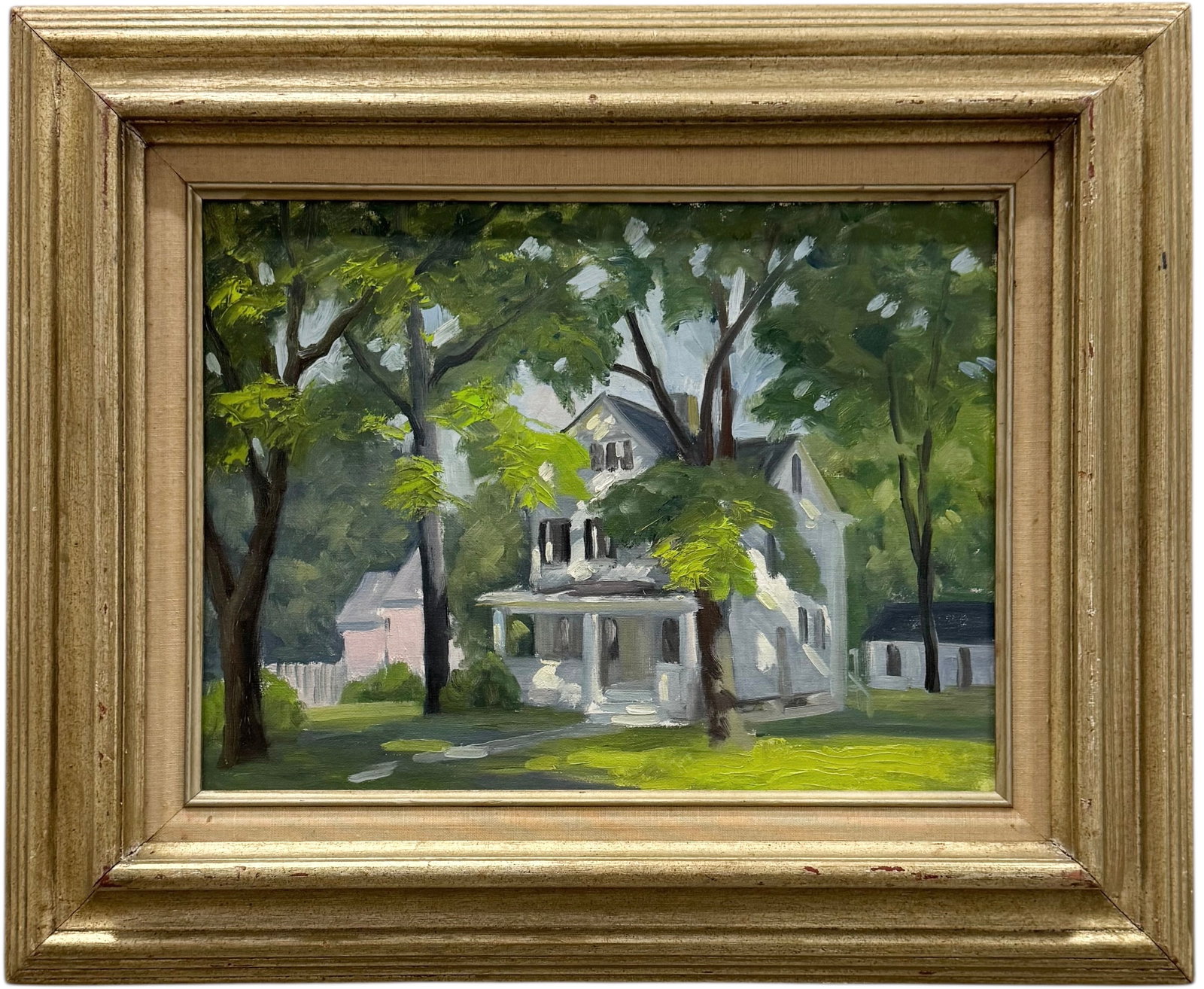 20th Century American Impressionist Landscape With House Oil Painting: Oil on board 12 x 16 in, 19 1/2 x 23 1/2 in (framed). Domestic Flat Shipping Price: $55