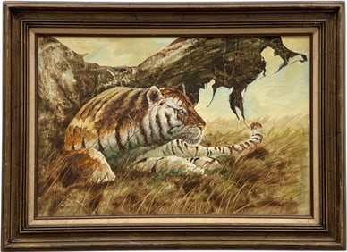 Vintage Oil Painting Of A Tiger In Landscape Signed G. Bogard