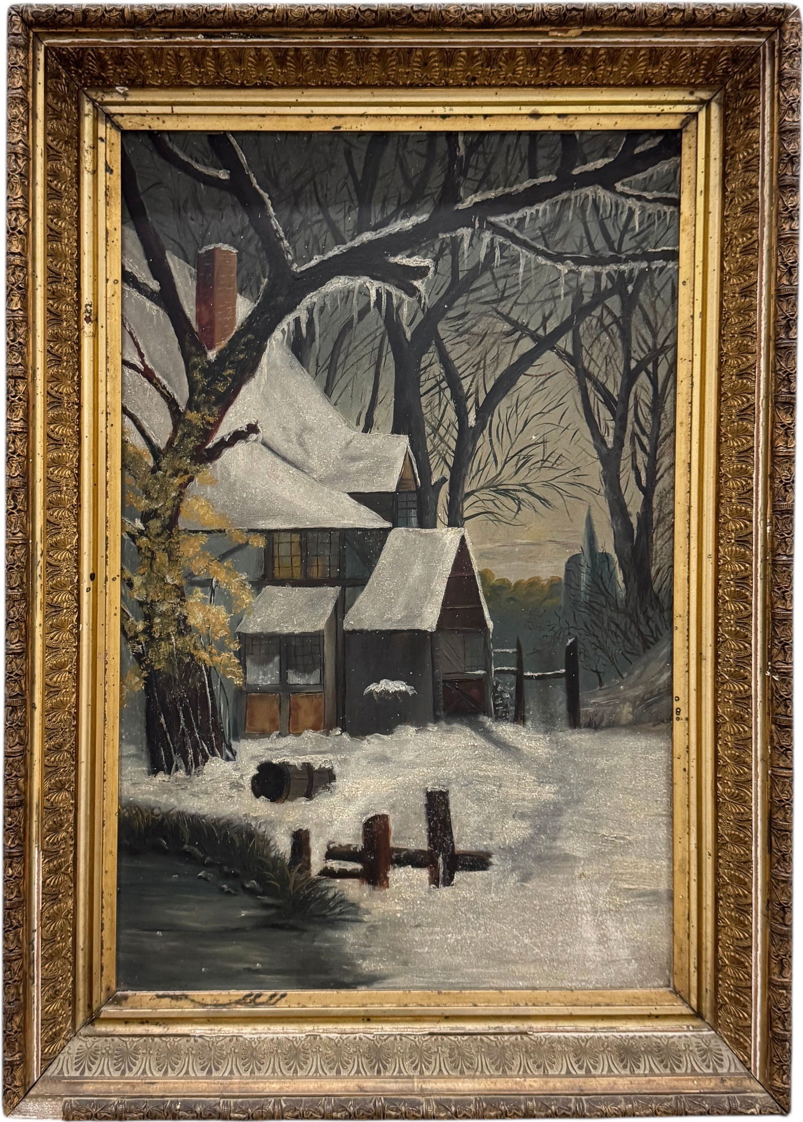 19th Century American School Winter Landscape Oil Painting On Academy Board (1 of 3)