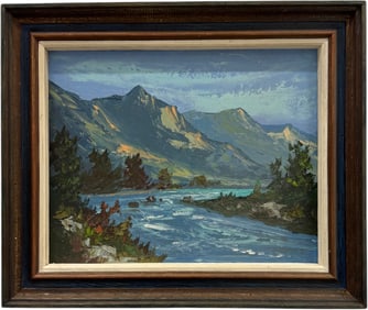 20th Century American Impressionist Rushing River Western Mountain Landscape