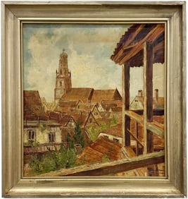 Early 20th Century German School Cityscape Of Munich Rooftops Signed Painting