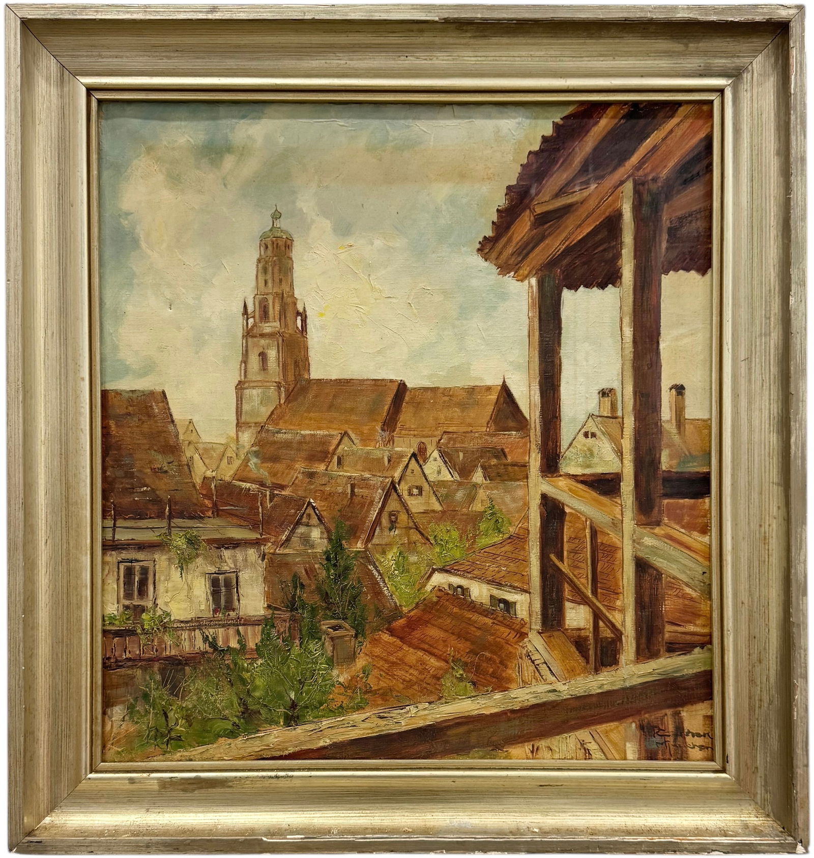 Early 20th Century German School Cityscape Of Munich Rooftops Signed Painting: Oil painting on canvas 22 x 20 1/2 in, 27 x 25 1/2 in (framed). Domestic Flat Shipping Price: $90