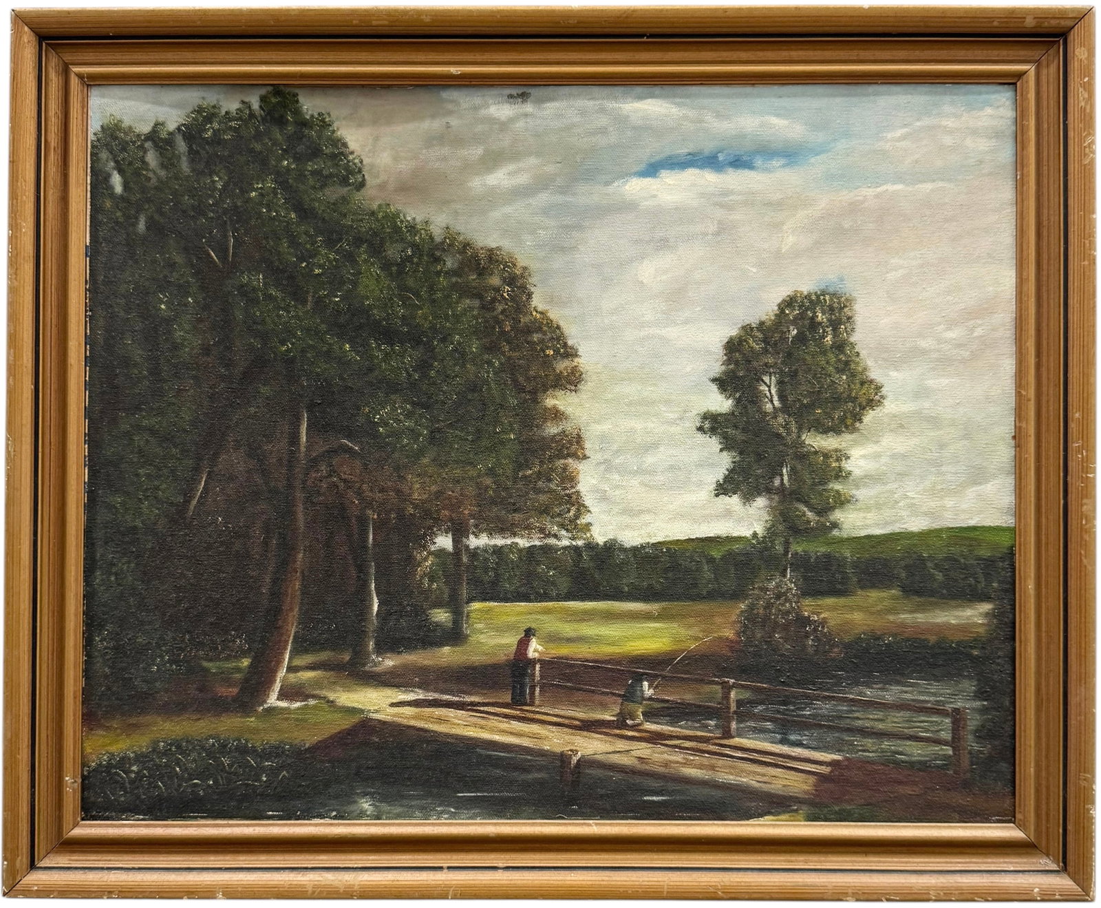 Early 20th Century American School Impressionist Fishermen In Landscape Painting: Oil painting on board 16 x 20 in, 18 1/2 x 22 1/2 in (framed). Domestic Flat Shipping Price: $55