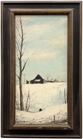 20th Century American Winter Landscape With House Signed Oil Painting