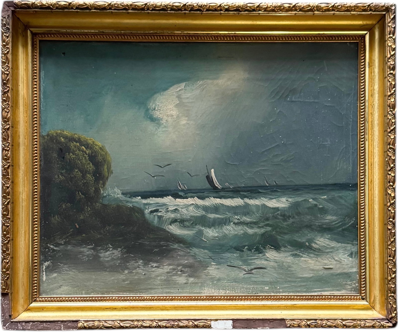 19th Century American Impressionist Seascape Oil Painting On Canvas: Oil painting on canvas 20 x 16 in, 24 x 20 in (framed). Domestic Flat Shipping Price: $65