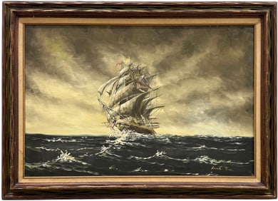 20th Century American Seascape With Clipper Ship Signed Oil Painting