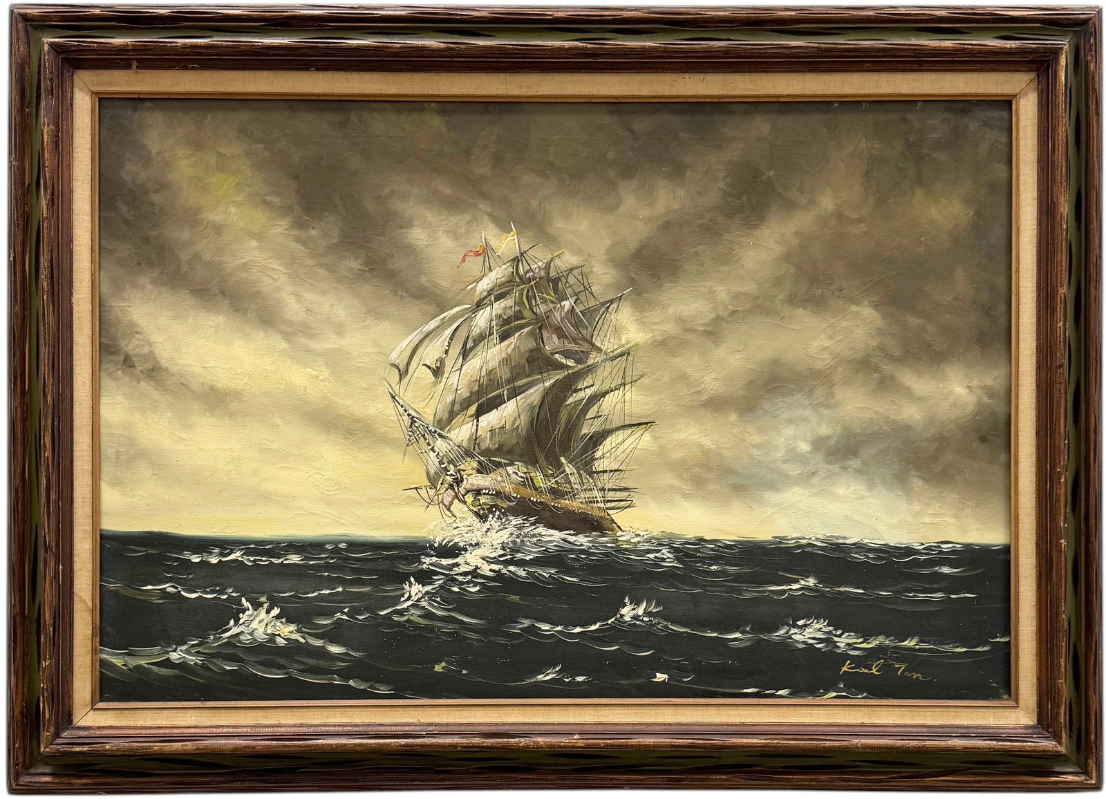 20th Century American Seascape With Clipper Ship Signed Oil Painting: Oil on canvas 36 x 24 in, 43 x 31 in (framed). Domestic Flat Shipping Price: $120