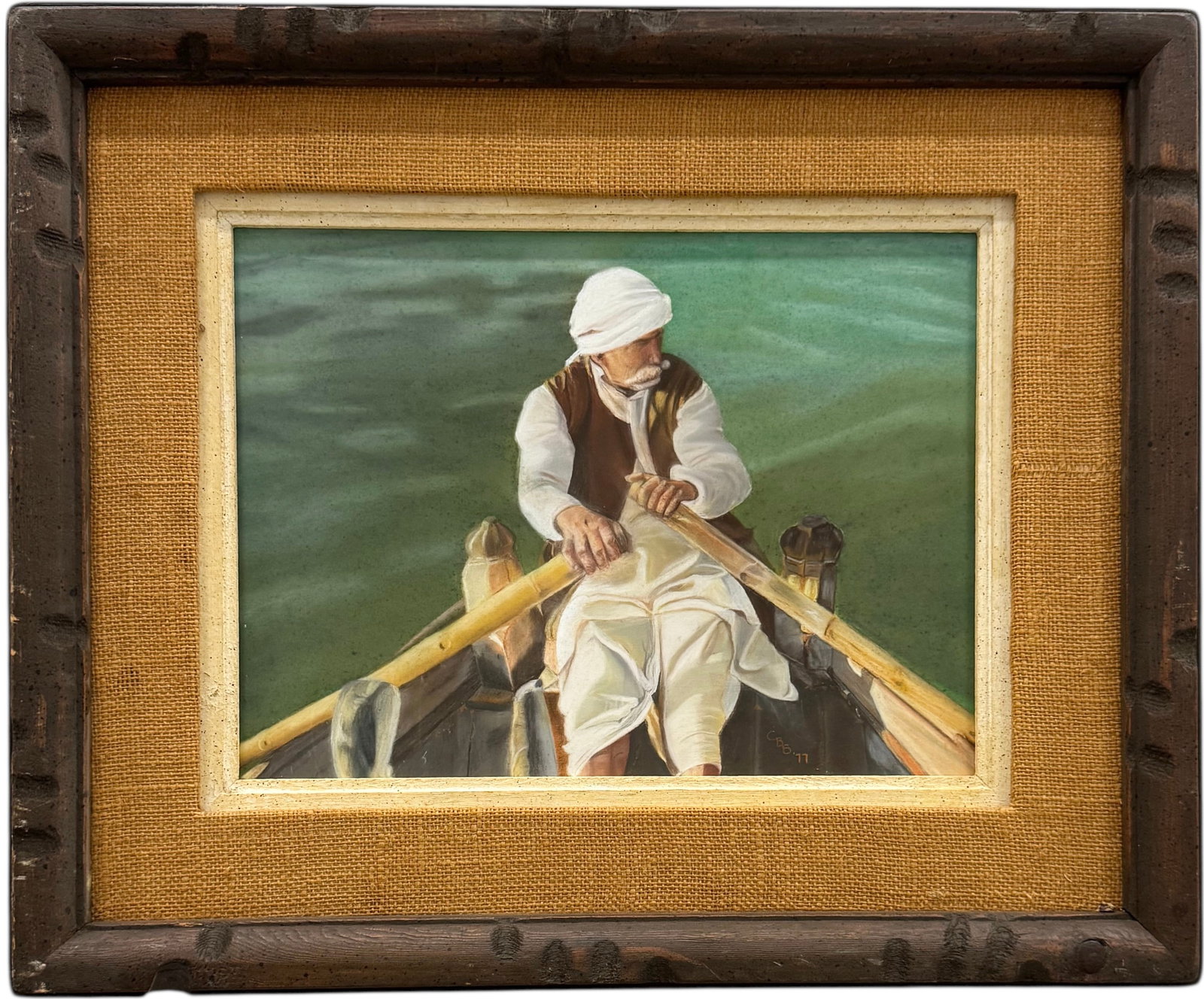 Oriental Pastel Of A Man Rowing A Boat Monogrammed & Dated 1977: Pastel on board 21 3/8 x 18 1/2 in, 26 x 22 1/2 in (framed). Domestic Flat Shipping Price: $65