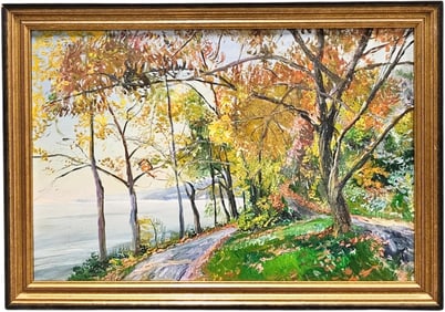 Vintage American Impressionist Fall Landscape By Lake Oil Painting