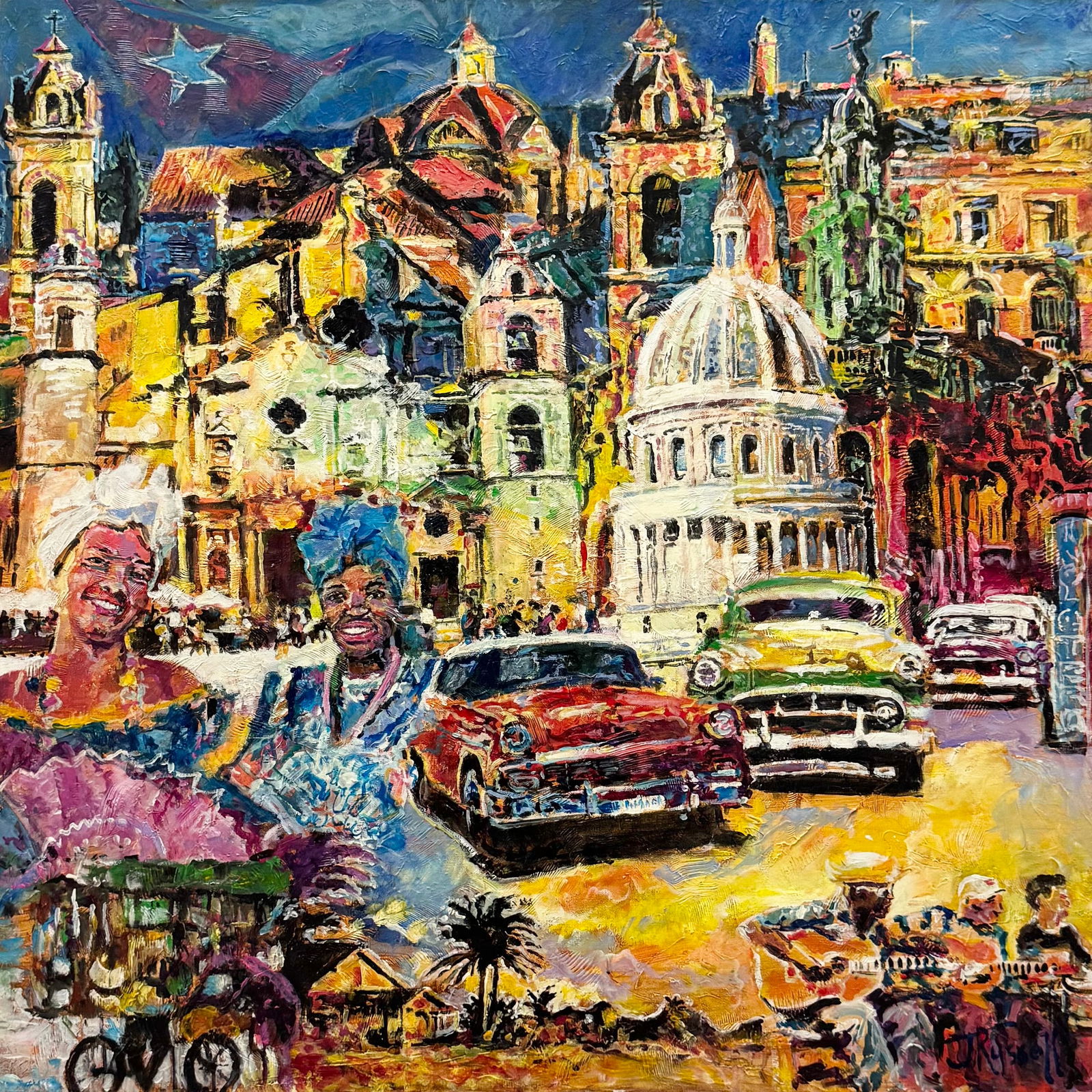 Large Contemporary Havana, Cuba Abstract Signed Painting: Oil on canvas 36 x 36 in. Domestic Flat Shipping Price: $130