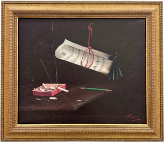 Vintage Italian Still Life Cigarettes Burning Musical Notes Signed Oil Painting