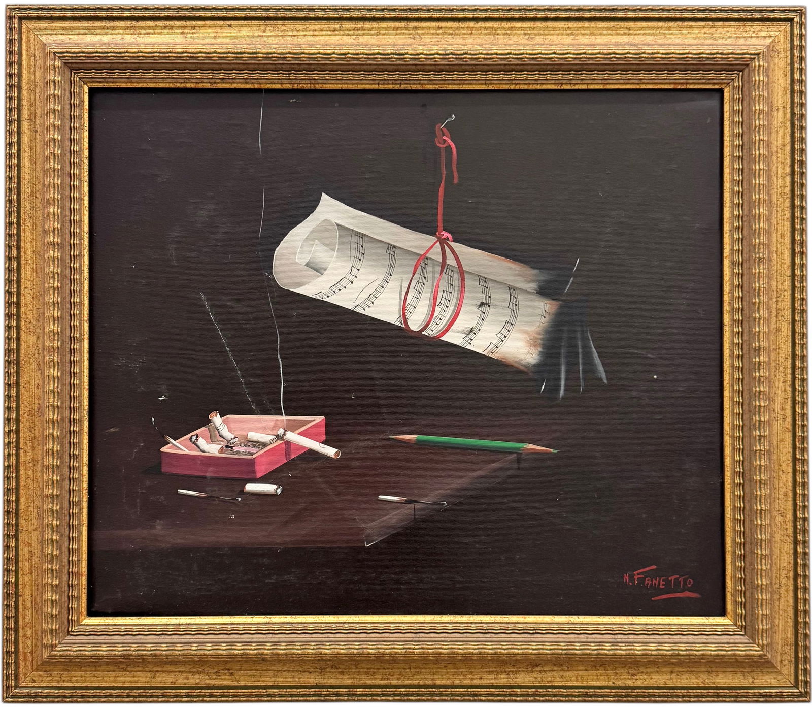 Vintage Italian Still Life Cigarettes Burning Musical Notes Signed Oil Painting (1 of 3)