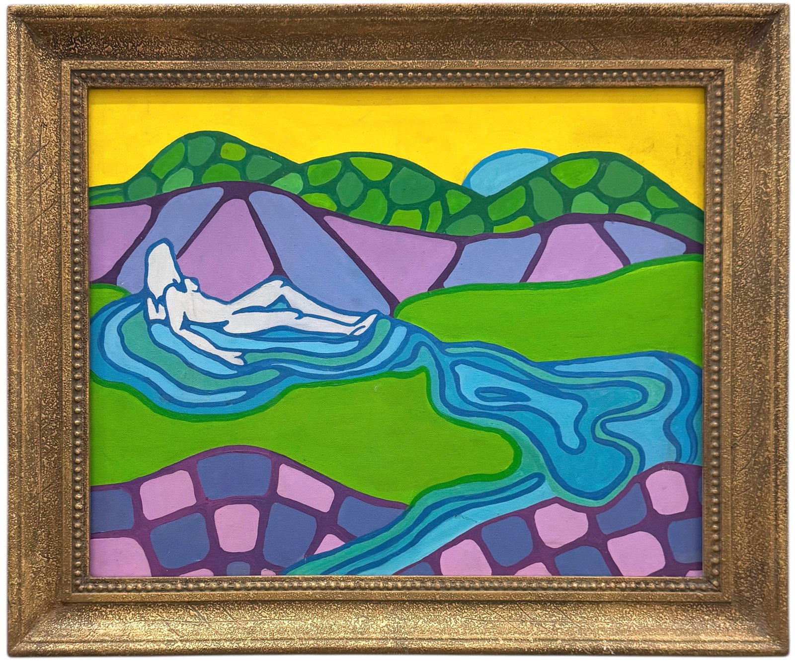American Modernist Nude Abstract Nude In Landscape Painting: Oil painting on canvas 16 x 20 in, 21 x 15 in. Domestic Flat Shipping Price: $55