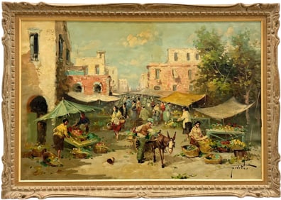 20th Century Italian Market Scene Signed Federico Oil Painting