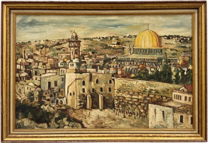 Mid 20th Century Cityscape Of Jerusalem, Israel Golden Dome Signed Oil On Canvas
