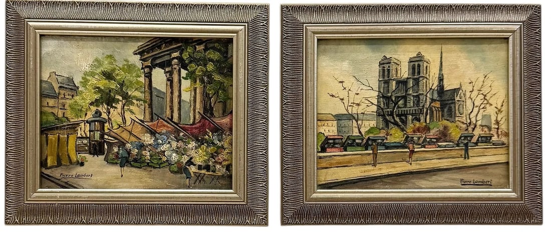 PIERRE LAMBERT (20th c, French) Pair Of Nicely Framed Paris Scenes: Oil painting on canvas 9 1/2 x 7 1/2 in, 12 1/2 x 11 in. (framed). Domestic Flat Shipping Price: $55