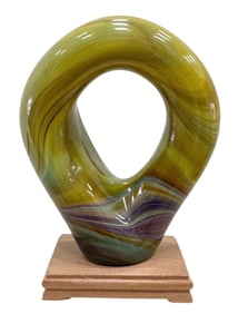 Contemporary Art Glass Abstract Sculpture On Wood Base