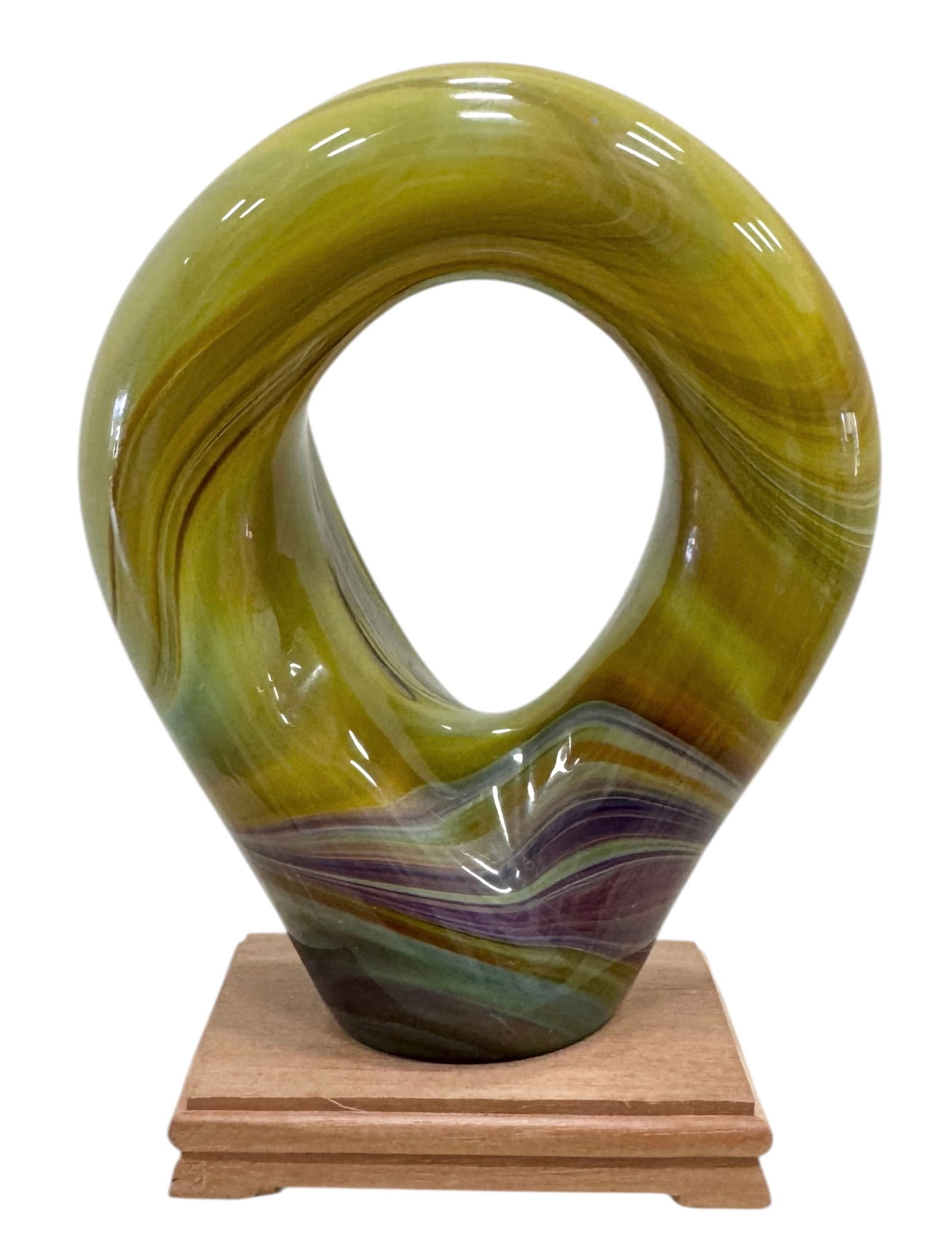 Contemporary Art Glass Abstract Sculpture On Wood Base: 6 x 4 1/2 x 2 1/2 in. Domestic Flat Shipping Price: $45