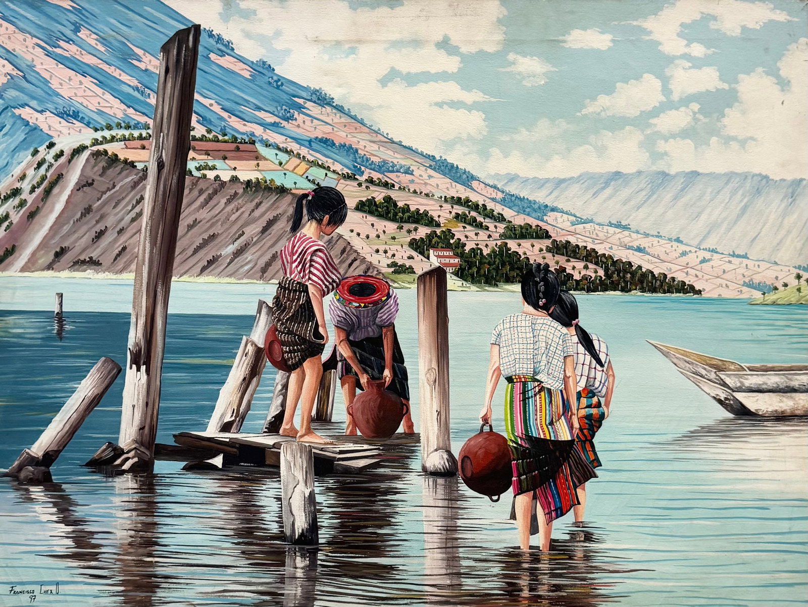 FRANCISCO CHEX (20th c, Guatamala ) Lake Atitlan: Oil painting on canvas 32 x 24 in. Domestic Flat Shipping Price: $80
