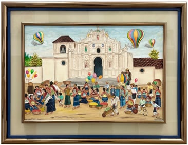 Plaza De Comalapa, Guatamala Signed Naive Oil Painting