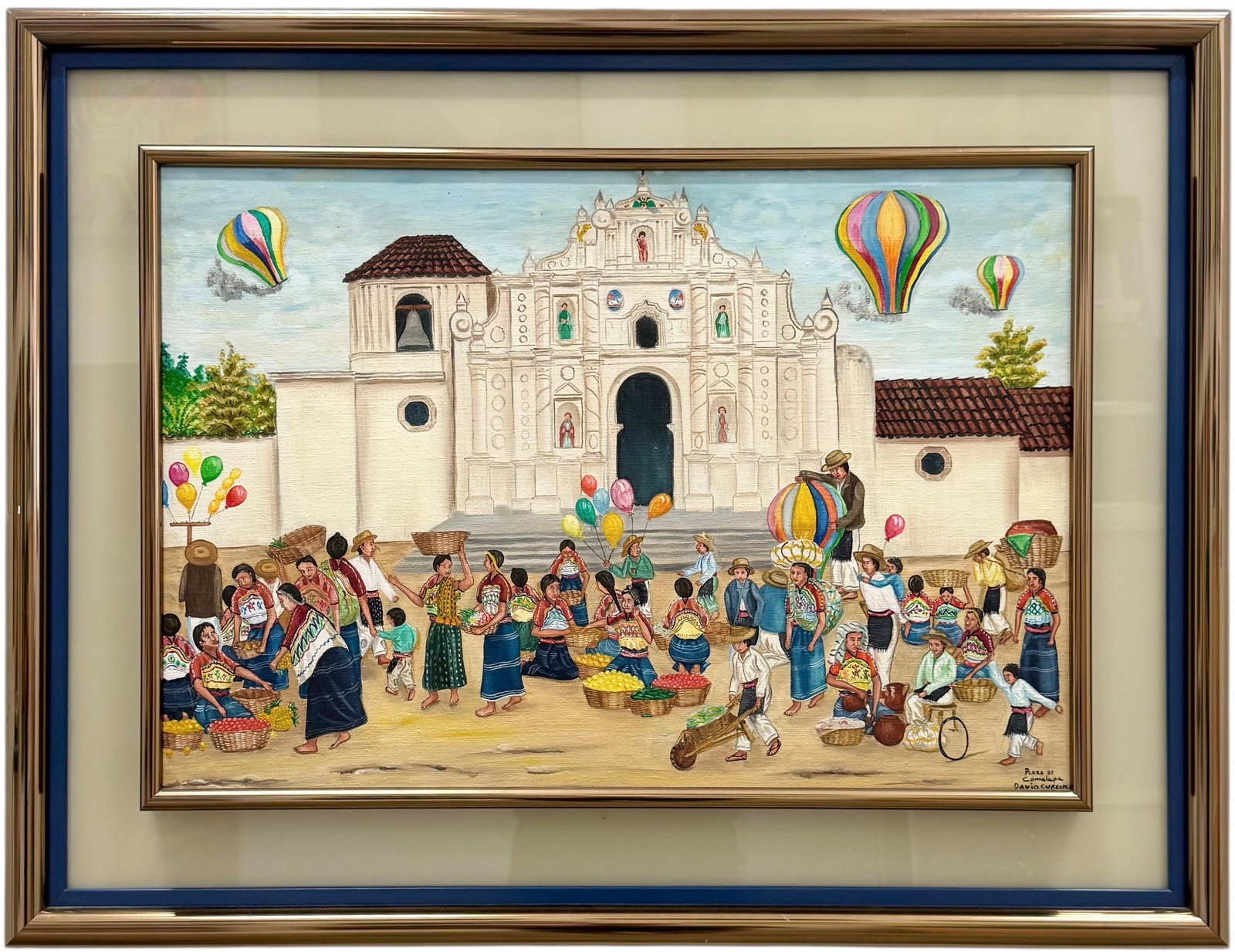 Plaza De Comalapa, Guatamala Signed Naive Oil Painting: Oil 26 x 18 in, 34 1/2 x 26 1/2 in (framed). Domestic Flat Shipping Price: $90