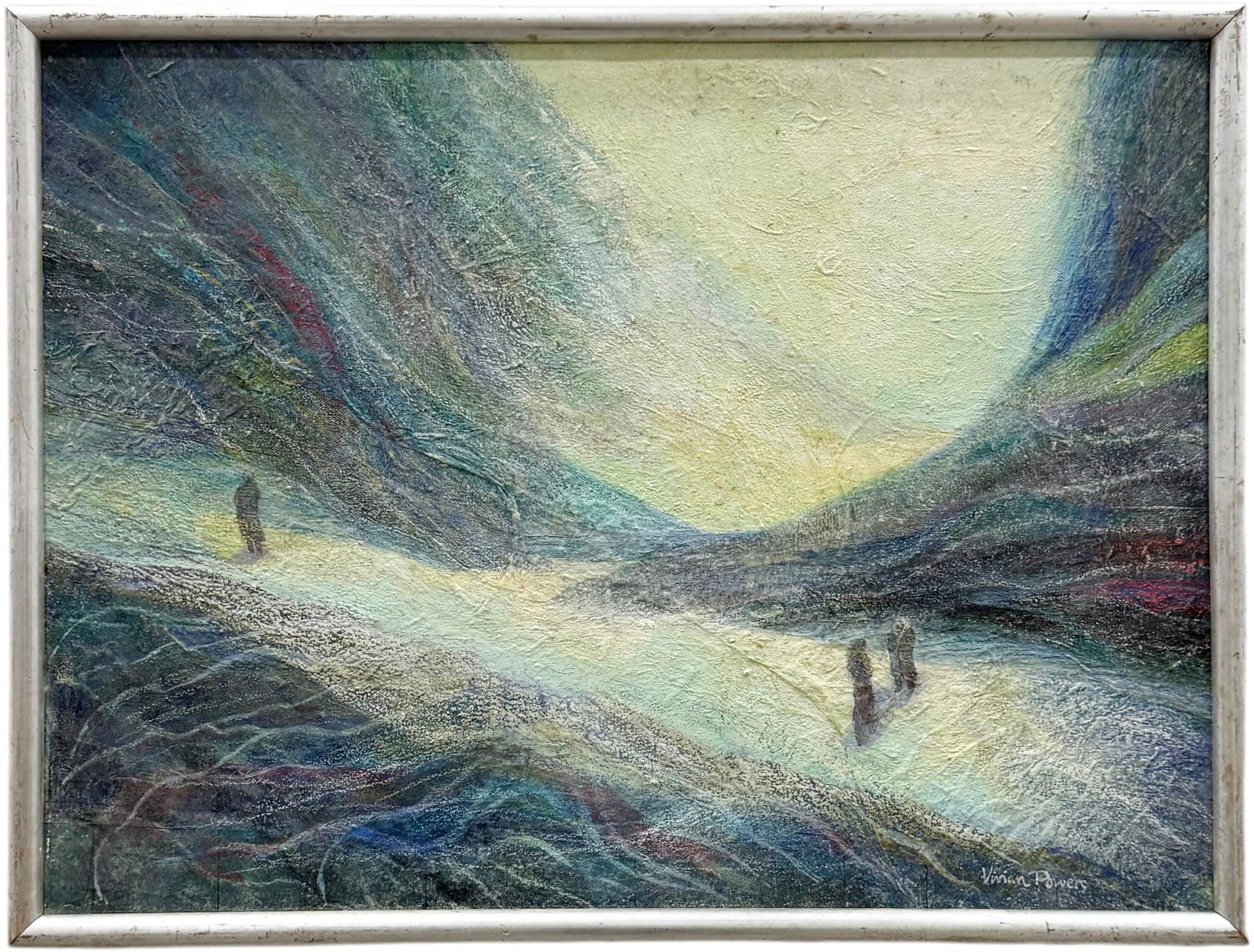 VIVIAN POWERS (20th c, American) Surrealist Landscape With Figures: Oil painting on canvas 24 x 18 in. Domestic Flat Shipping Price: $70