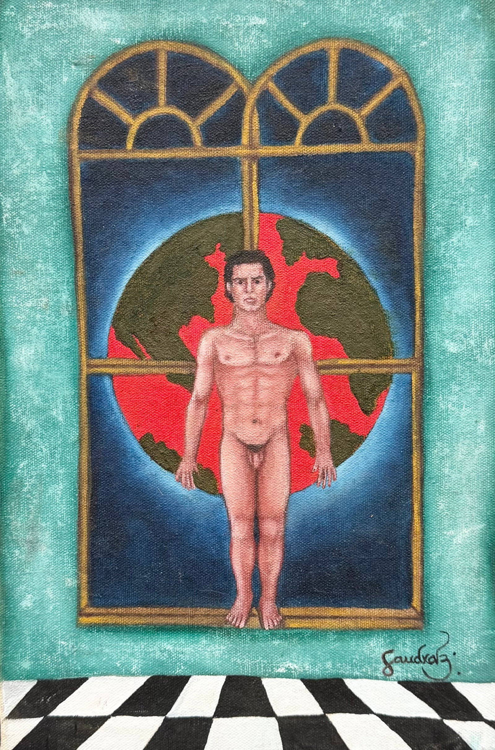 Mexican Folk Art Male Nude Surrealist Abstract Signed Oil Painting: Oil painting on canvas 16 x 11 in. Domestic Flat Shipping Price: $45