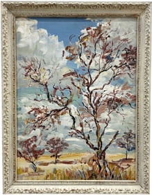 Nicely Framed Vintage Modernist American Landscape Oil Painting Signed Hubbard