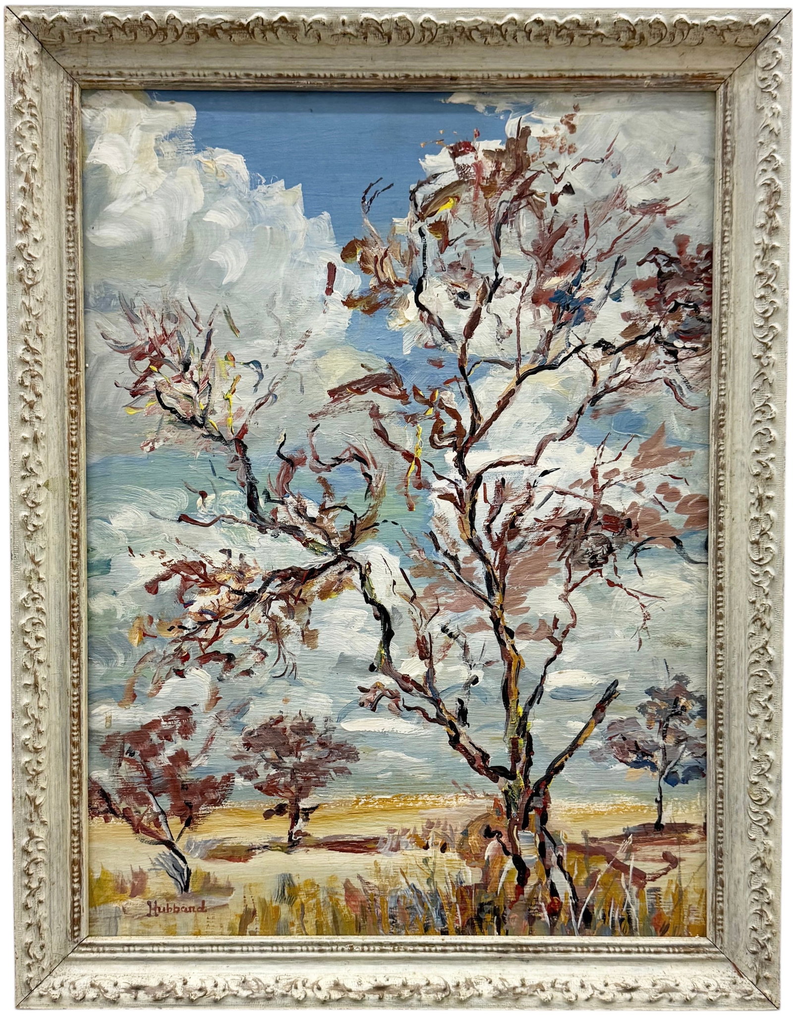 Nicely Framed Vintage Modernist American Landscape Oil Painting Signed Hubbard: Oil painting on board 24 x 18 in, 27 x 21 in (framed). Domestic Flat Shipping Price: $80