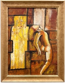 Mexican Surrealist Abstract Signed Oil On Board Painting