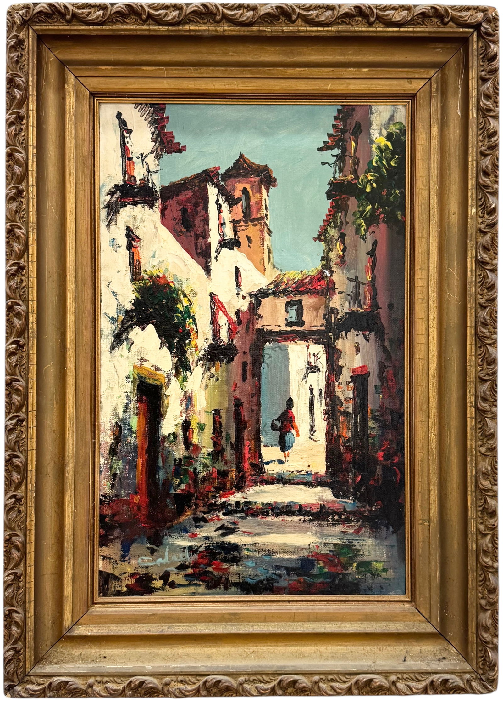 Nicely Framed Italian School Modernist Street Scene Signed Oil Painting: Oil painting on canvas 21 x 13 in, 27 1/2 x 19 1/2 in (framed). Domestic Flat Shipping Price: $80